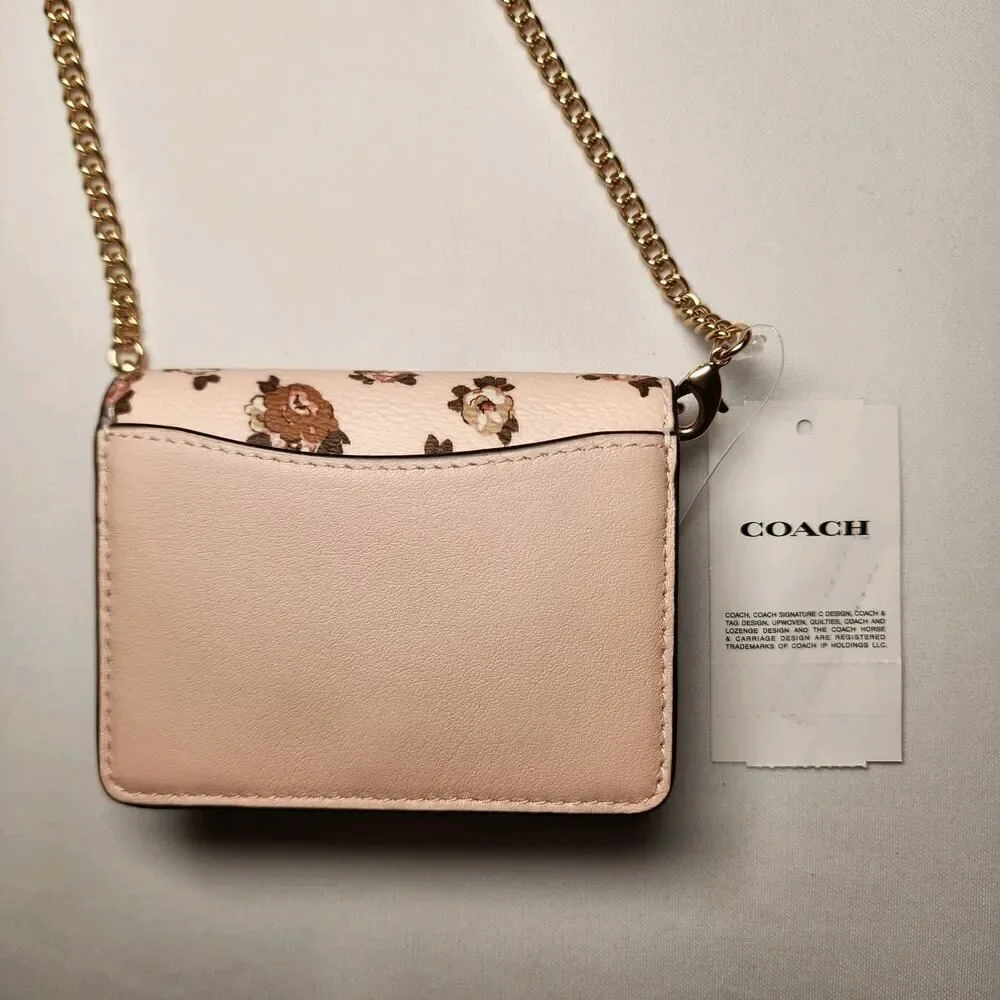 NWT COACH CZ022 Mini Leather Wallet On Chain Blush Pink Roses Rosette